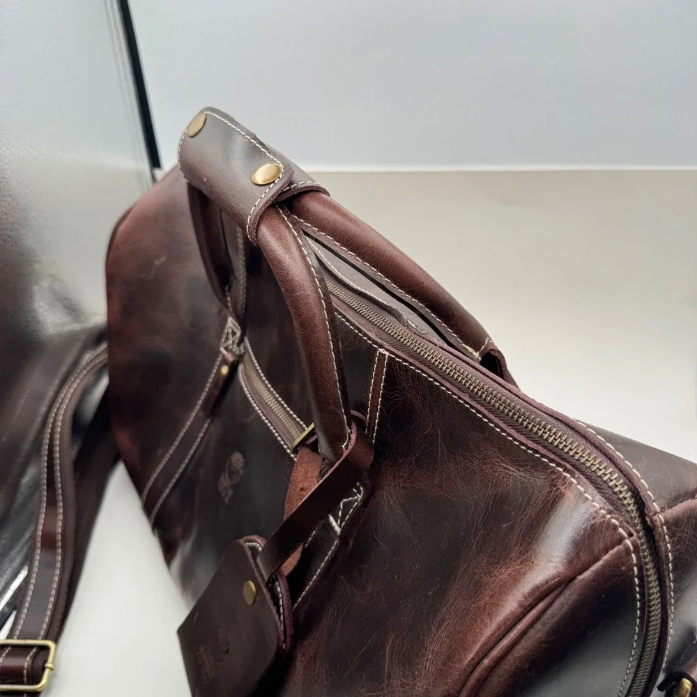 Rustic Town Leather Duffel Bag Dark Brown Weekender Travel Carry On Luggage Tag